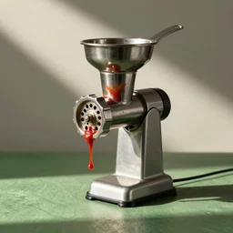 vintage meat grinder filled with ketchup on a green table