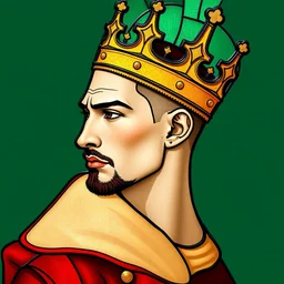 beautiful and detailed portrait of a man wearing a golden crown, profile view, side view, crowned, crown with short spikes, stern and confident, buzzcut, stubble, he wears a red coat, stained glass art, by alphonse mucha, green mosaic background, very masterful