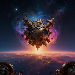a collision of dimensions at thehorizon, celestial asthetics, colorful, dramatic lighting, de - noise, ultra realism, dark fantasy mixed with steampunk, 8 k
