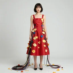 a woman wearing a red dress made of chips, wires, and cables