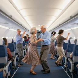 old people dancing, inside airplane, 4k