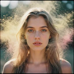 analog close up frontal face portrait photography of a beautiful woman surrounded by colored powder explosion by maxim nikolaev. vogue. kodak portra 8 0 0 film. ( depth of field ). whirl bokeh!!. golden hour. detailed. hq. realistic. warm light. muted colors. filmic. dreamy. lens flare. mamiya 7 ii, f / 1. 2, symmetrical balance, in - frame
