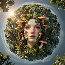 woman with mushrooms growing out of her face in a spheroid forest, 3d render, Sunlight Study, by Jan Davidsz de Heem and Lisa Frank, Art Nouveau, 8k, extreme detail, sharp focus, octane render