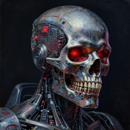 dark cyborg armour robocop skull made of intricate complex circuitry and microchips, red glow, iridescent, colorful, intricate linework, realistic oil painting, rutkowski, wlop, chebokha, artgerm