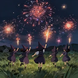 young witches running through a field launching fireworks into the sky, magical particles in the air, night time, rim light, studio ghibli style, high octane filter, 8 k, highly detailed, digital painting, concept art, matte
