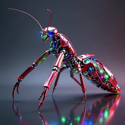 an extremely high quality render of a cybernetic futuristic looking robot mantid with red, green, and blue lights, an ambient occlusion render by cedric seaut and keos masons, highly polised, reflective surfaced, machine - like, highly reflective, caustics, leds, neons, dramatic lighting, 8 k, cyborg, glowing eyes, cgsociety, generative art,