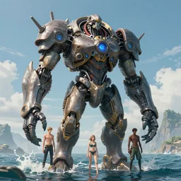 a random giant cyborg on ocean, pacific rim style, highly detailed, trending on artstation, art by vladimir motsar and emika lightweaver and nicholas cort and paul pepera