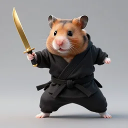 hamster wearing a ninja suit and is doing karate moves while holding a golden knife in his hand
