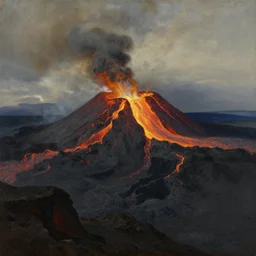 close up of a man on the brink of a volcano with flowing lava. painting by thomas cole