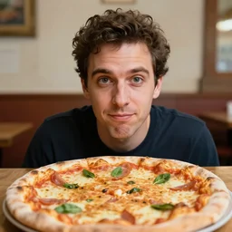 a surreal combination of man and pizza, portrait photo, close up, 5 0 mm f / 1. 8, nikon
