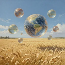 sci-fi orbs flying above the fields of wheat, by Scott Listfield, digital painting, hyper realistic