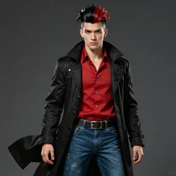 An epic fantasy comic book style portrait painting of a young man with black and red cowlick undercut haircut, wearing a red shirt, black overcoat, blue jeans.  Unreal 5, DAZ, hyperrealistic, octane render, cosplay, RPG portrait, dynamic lighting