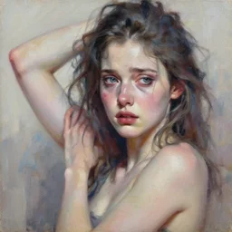 highly detailed expressionist oil painting of beautiful female character from sad movie, intricate, fictional character, dynamic pose, top lighting, realistic shaded, pastel shades, expressively loose brush strokes, perfect face, 8 k realistic, hyper detailed, digital painting, artstation, concept art, hyper detailed eyes, top lighting, art by sam spratt and peter mohrbacher and james jean