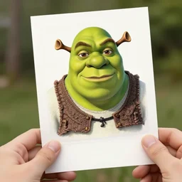 person holding a picture, picture is poor sketch of shrek, sharp focus, photography, unreal engine, trending on artstation, photorealistic, octane, trending on deviantart