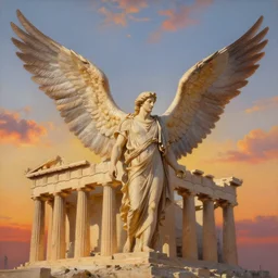 the Parthenon with wings, flapping its wings flying in sunset sky, oil on canvas, portrait, intricate, 8k highly professionally detailed, HDR, CGsociety