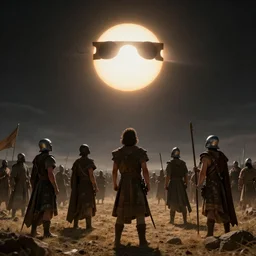 a total solar eclipse fills the sky, warriors on an ancient battlefield stop and look up as the sky goes dark. 5 0 0 bc. clean cel shaded vector art. shutterstock. behance hd by lois van baarle, artgerm, helen huang, by makoto shinkai and ilya kuvshinov, rossdraws, illustration, art by ilya kuvshinov