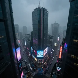 futuristic dystopian korean cityscape, high rises, billboard ads, neon signs, overcast, foggy, raining, depressing, ominous, imposing, industrial, view from above, dramatic illumination, multi colored lighting, highly detailed, ultra realistic, 8 k, by greg rutkowski, by nathan walsh