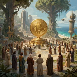 a group of ancient sacred religious cult in robes studying in a large bustling sci fi city with a large bitcoin statue in its center built in a temperate forest with giant trees near a beautiful beach, highly detailed, intricate, digital painting, trending on artstation, concept art, matte painting, art by greg rutkwowski, craig mullins, octane render, 8 k, unreal engine