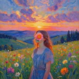 girl with an blooming flower face, surreal photography, dream, standing in flower field, hills, valley, forest, sunrise dramatic light, impressionist painting, colorful clouds, digital painting, pointillism, artstation, simon stalenhag