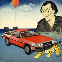 a red delorean and a yellow tiger, painting by hsiao - ron cheng, utagawa kunisada & salvador dali, magazine collage style, clouds, balloons, trees, ocean