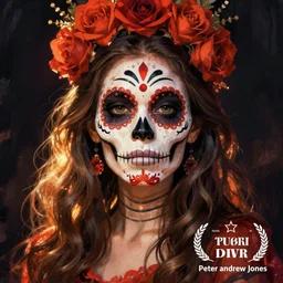 Illustration of a sugar skull day of the dead girl, art by peter andrew jones
