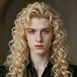 a beautiful hyper real portrait of pretty pale prince Lucius with long fluffy curly blond hair, art by rembrandt