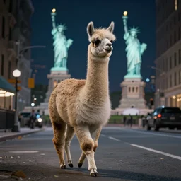 a llama walking through a desolate manhattan city street at night, statue of liberty seen in the background, realistic 4 k octane beautifully detailed render, 4 k post - processing, highly detailed, detailed face, intricate complexity, epic composition, magical atmosphere, cinematic lighting, masterpiece, color picture, ultra hd