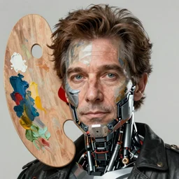 bob ross cyborg with half of face covered in a robotic painting palette, art by artgerm and greg rutkowski and alphonse mucha, concept art, octane render, unreal engine 5, highly detailed, high quality, 8 k, soft lighting, realistic face, path traced