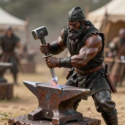 a muscular dwarf blacksmith, wearing blacksmith clothing!!!!, swinging hammer down forging a sword on an iron anvil, cinematic, epic, medieval, renaissance festival, realistic, tabletop miniatures!!!, product photos!!! by greg rutkowski, craig mullins, archvillain, titanforge, blizzard, hearthstone, mtg, wotc