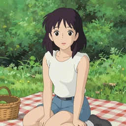 A young woman having a picnic in a lush park, simplified facial features, pronounced eyes, highly detailed, anime, exaggerated shading, Kyoto Animation and Studio Ghibli still, by Ilya Kuvshinov and Alphonse Mucha