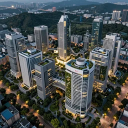 a furturistic brutalist complex built in brutalism architecture, ten by ten kilometers large, with lush gardens and forests between the buldings, diverse unique building geometry full of shapes and corners, photography at night