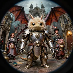 zoomed fisheye portrait of tin toy fuzzy kaiju moth dragons wearing armour in victorian london, nicoletta ceccoli, mark ryden, lostfish, hyung tae, frank frazetta, depth of field, detailed and intricate gothic environment, 8 k resolution, hyperrealistic, octane render