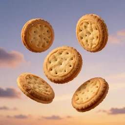 cookies floating in the sky, sunset background, hd photo