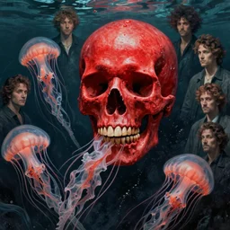 a glowing red skull in the sea held by a jellyfish by josan gonzalez and dan mumford and greg hildebrandt and donato giancola and raymond swanland and ross tran and william - adolphe bouguereau, highly detailed, high contrast, intricate details, blended palette