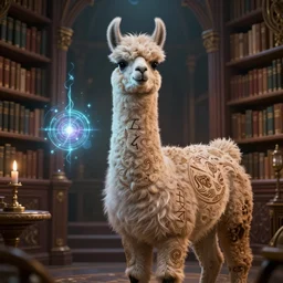 a llama in a magical library, d & d character art, intricate robes, mystical runes, magical spells, glowing, fantasy, highly detailed digital illustration, beautiful, hyperrealistic, greg rutkowski, trending on artstation