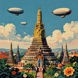 surreal glimpse into other universe, mahanakorn tower with airship floating n the sky, summer morning, very coherent and colorful high contrast, art by!!!! rafal olbinski!!!!, geof darrow, floralpunk screen printing woodblock, dark shadows, hard lighting, stipple brush technique,