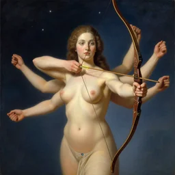 classic painting hyper realistic giant woman with gemstone in belly button holding a bow and arrow with 4 arms, soft lighting, star background