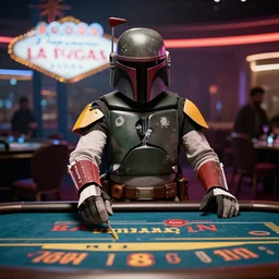 film still of Boba Fett gambling in vegas in the new star wars film, 4k