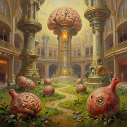 lush bulbous clockwork brains and garden fetuses dramatic perspective oil painting by donato giancola, chris foss, organic 3 d fractal a minimalist cinematic scifi bioluminescent microscopy, gigantic pillars, victorian shopping mall courtyard maschinen krieger, beeple, the matrix, star wars, ilm, star citizen, mass effect, warm coloured, artstation, atmospheric perspective