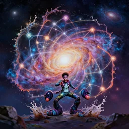 epic galaxy bender experiencing the quantum field, shifting consciousness, beautiful astrological neural network, bob ross matte painting and tim burton comic book art, realistic, trending on artstation, sharp focus, depth of field, cinematic composition, physics splashes of colors, octane render, unreal engine