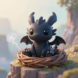 a portrait of a cute happy tiny black chibi dragon in a nest on a cliff, smoke, black eyes, artstation, by magali villeneuve, depth of field, beautiful lighting, pastel colors, bokeh, fantasy art