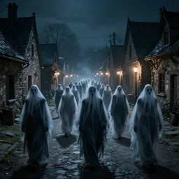 ghostly procession of the undead walks down the streets of the ancient village of barovia, midnight, volumetric lighting, cinematic