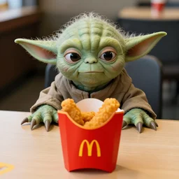 yoda, upset, yoda sitting behind a table inside mcdonald's, small red cardboard box on table, yellow m logo on box, chicken mcnugget 3 5 mm, f / 2. 8