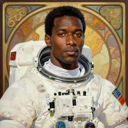 an african man, dressed as an astronaut, well composed, clean, elegant painting, beautiful detailed face, comic book art by steve ditko and jack kirby and ( alphonse mucha )