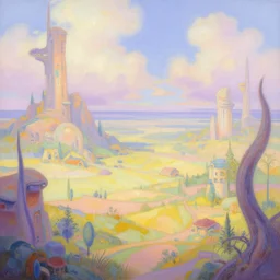 a scifi landscape painting by Thomas Kinkade,trending on artstation,intricate,2d,4k,pastel colors