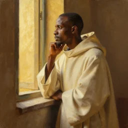 oil painting of a dominican monk in robes, looking out a window contemplatively, digital art, artstation, cinematic, golden hour, digital art painting by greg rutkowski