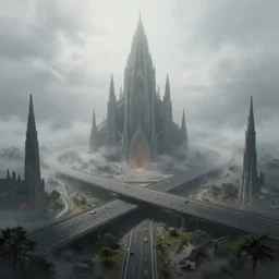 a highway interchange inside a gigantic foggy cathedral, flying buttresses, digital art, unreal engine, artstationhq, fantasy art, Ruxing Gao