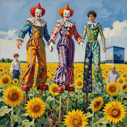 decollage paintingstruggling clowns on stilts walk through a field of sunflowers by adrian ghenie and takato yamamoto and edward hopper and mark ryden and tsutomu nihei, part by bridget riley, acrylic pour and splashing paint, very coherent, baroque elements, perfect anatomy, intricate design. pop art.