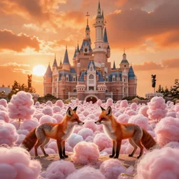 foxes in a field made of cotton candy, orange sky, disney