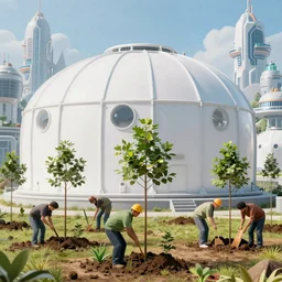 a group of workers planting trees in front of a clean white sci fi containment building with a utopian city in the distance